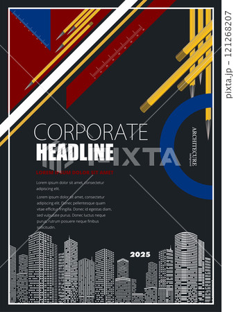 Corporate architecture flyer template featuring pencils and rulers above a city skyline Corporate architecture flyer template featuring pencils and rulers above a city skyline 121268207