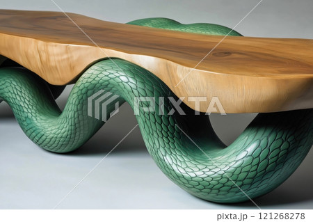 Wooden table with a live edge is being supported by two intricately carved green snakes Wooden table with a live edge is being supported by two intricately carved green snakes 121268278