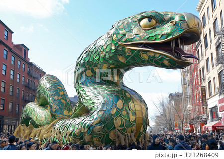Giant green snake dragon is leading the Chinese new year parade in Chinatown, with people watching 121268409