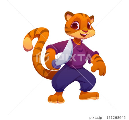 Cartoon funny tiger pirate animal character. Isolated vector swashbuckling, striped jungle cat personage wielding a gleaming saber, captures the whimsy and excitement of imaginary pirate adventures Cartoon funny tiger pirate animal character. Isolated vector swashbuckling, striped jungle cat personage wielding a gleaming saber, captures the whimsy and excitement of imaginary pirate adventures 121268643