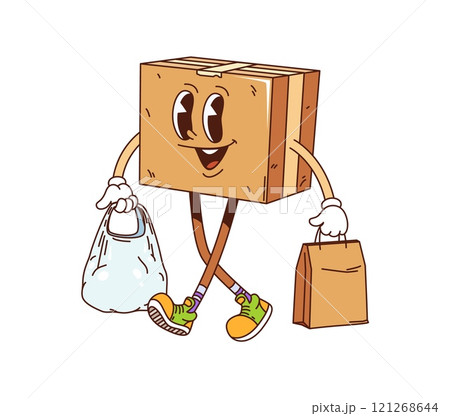 Cartoon groovy delivery cardboard box character happily carrying shopping bags, showing friendly and funky vibe. Isolated vector funny parcel, pack retro personage suggests a fun shopping experience Cartoon groovy delivery cardboard box character happily carrying shopping bags, showing friendly and funky vibe. Isolated vector funny parcel, pack retro personage suggests a fun shopping experience 121268644