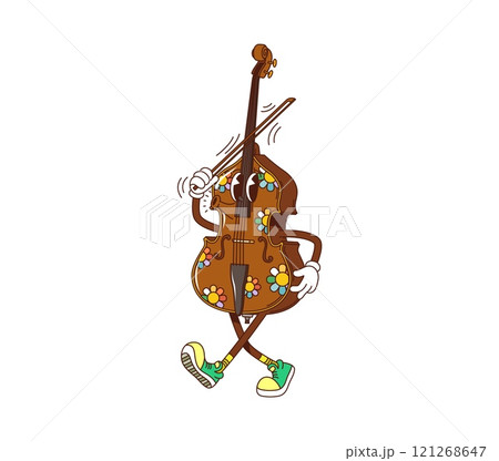 Cartoon contrabass, double bass groovy musical instrument character with smiling face and bow in hand playing classic music. Isolated vector musician equipment personage ready for orchestra concert Cartoon contrabass, double bass groovy musical instrument character with smiling face and bow in hand playing classic music. Isolated vector musician equipment personage ready for orchestra concert 121268647