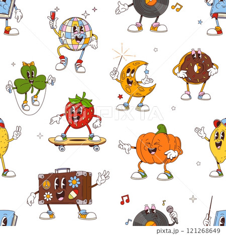 Retro cartoon groovy characters in seamless pattern, vector comic background. Groovy funky disco ball with strawberry hipster on skateboard and 70s vinyl disc with lemon and book with funny face 121268649