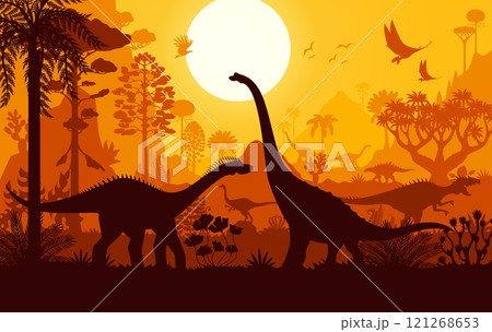 Prehistoric dinosaur silhouettes, sunset landscape of Jurassic era forest, vector background. Dino world with giant lizards, prehistoric pterodactyl birds and predator reptiles for paleontology atlas Prehistoric dinosaur silhouettes, sunset landscape of Jurassic era forest, vector background. Dino world with giant lizards, prehistoric pterodactyl birds and predator reptiles for paleontology atlas 121268653