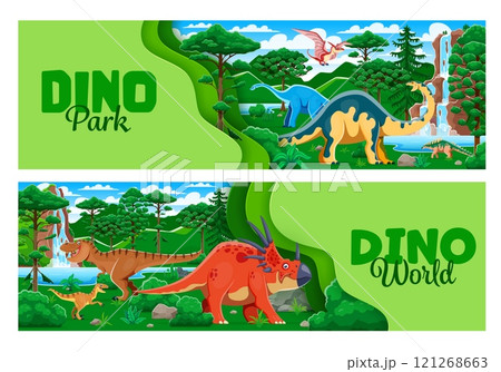 Dino park paper cut banners with prehistoric dinosaurs characters. Funny jurassic dinos at forest background with vector 3d paper cut borders. Cartoon tyrannosaurus, velociraptor, pteranodon dinosaurs 121268663