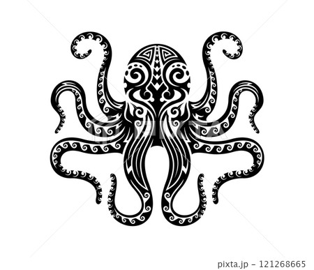Maori tribal octopus ocean animal tattoo. Hawaiian culture ocean life vector ornament. New Zealand or Polynesian Maori tribal sea animal tattoo symbol. Samoan tribe marine nature octopus print 121268665