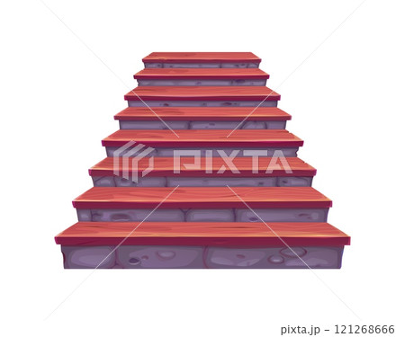 Castle wooden and stone stairs. Cartoon staircase or stairway in cottage house, ascent ladder with timber and rock details. Isolated vector ancient medieval or fairytale interior construction element 121268666
