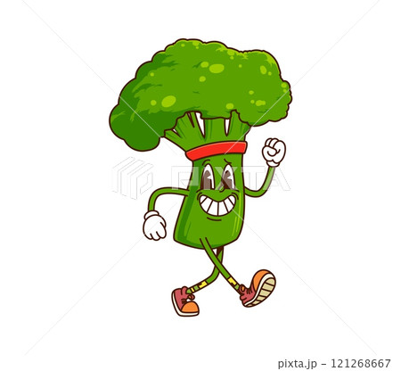 Cartoon groovy broccoli vegetable character running on fitness sport. Isolated vector fresh farm veggie sportsman, retro personage race on stadium or jigging engaged in healthy lifestyle and exercises 121268667
