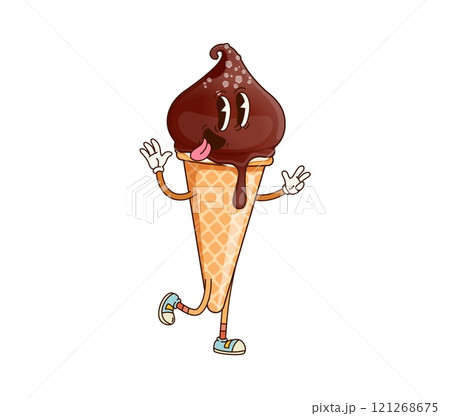 Groovy ice cream cone character with chocolate swirl, playful expression and sneakers. Cartoon vector whimsical and fun-loving retro personage conveys joy and funky vibes for themes of summer dessert Groovy ice cream cone character with chocolate swirl, playful expression and sneakers. Cartoon vector whimsical and fun-loving retro personage conveys joy and funky vibes for themes of summer dessert 121268675