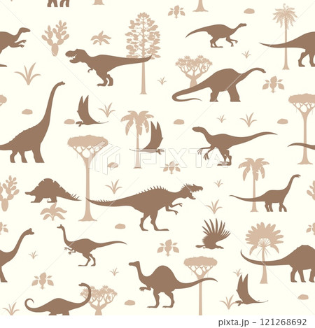 Prehistoric dinosaur animals and reptiles seamless pattern. Vector background of jurassic dinos, prehistoric forest trees and plants. Tyrannosaurus, velociraptor and dimorphodon dinosaur silhouettes Prehistoric dinosaur animals and reptiles seamless pattern. Vector background of jurassic dinos, prehistoric forest trees and plants. Tyrannosaurus, velociraptor and dimorphodon dinosaur silhouettes 121268692