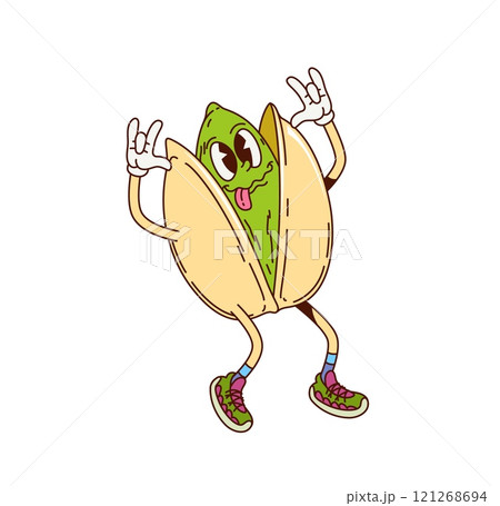 Groovy pistachio nut character features teasing expression, wearing sneakers, and striking a playful pose. Isolated cartoon vector food personage with quirky and cheerful face, conveying funky vibe Groovy pistachio nut character features teasing expression, wearing sneakers, and striking a playful pose. Isolated cartoon vector food personage with quirky and cheerful face, conveying funky vibe 121268694