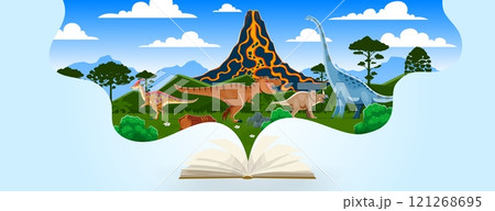Kids book with prehistoric dinosaurs landscape, cartoon dino animals and volcano. Vector jurassic tyrannosaurus, centrosaurus, titanosauria and parasaurolophus dinosaurs characters coming out of book Kids book with prehistoric dinosaurs landscape, cartoon dino animals and volcano. Vector jurassic tyrannosaurus, centrosaurus, titanosauria and parasaurolophus dinosaurs characters coming out of book 121268695
