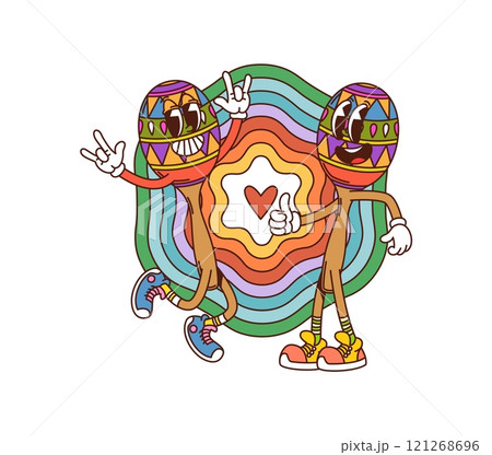 Cartoon groovy maracas musical instrument characters. Isolated vector mexican percussion rattle personages pair dancing during Fiesta or Cinco de Mayo Latin party celebration exuding retro funky vibes Cartoon groovy maracas musical instrument characters. Isolated vector mexican percussion rattle personages pair dancing during Fiesta or Cinco de Mayo Latin party celebration exuding retro funky vibes 121268696