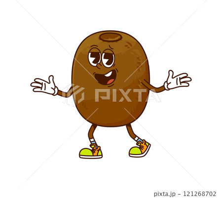 Cartoon funny groovy kiwi fruit character with funky hippie vibe. Isolated vector expressive and cheerful exotic tropical fruit retro comic personage capture a playful and whimsical essence of 60s era Cartoon funny groovy kiwi fruit character with funky hippie vibe. Isolated vector expressive and cheerful exotic tropical fruit retro comic personage capture a playful and whimsical essence of 60s era 121268702