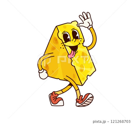 Groovy breakfast cheese character with happy expression. Isolated cartoon vector yellow piece of cheese, dairy food personage wearing sneakers, conveys fun and energy with retro hippie y2k vibes 121268703