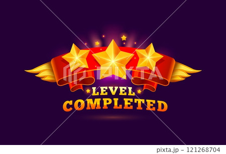 Level complete game asset icon, level up and win badge. Vector golden stars, wings and red banner. Casino bonus, rank reward, victory, success achievement award trophy, mobile app winner surprise gift Level complete game asset icon, level up and win badge. Vector golden stars, wings and red banner. Casino bonus, rank reward, victory, success achievement award trophy, mobile app winner surprise gift 121268704