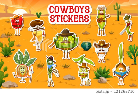Stickers pack of cartoon cowboy, bandit and sheriff vegetable characters at desert. Funny Wild West Western vegetable food vector personages of pepper, corn, bean and onion characters with cowboy hats 121268710