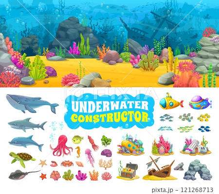 Underwater landscape constructor, game asset kit with ocean bottom vector elements. Cartoon whale, sea fish, shark and dolphin animals, treasure chest, sunken ship and submarine underwater landscape 121268713