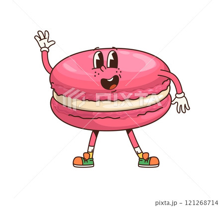 Retro groovy macaroon character. Cartoon vector pink sweet macaron dessert personage waving hand. Isolated vector cheerful confectionery for kids cafe menu. Cute french pastry bakery or patisserie Retro groovy macaroon character. Cartoon vector pink sweet macaron dessert personage waving hand. Isolated vector cheerful confectionery for kids cafe menu. Cute french pastry bakery or patisserie 121268714