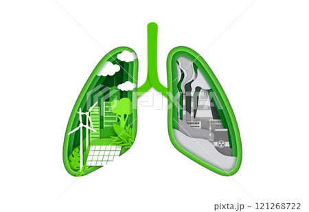 Paper cut lungs pollution and environment, green ecology conservation and health problem, vector concept. Factory and industrial toxic contamination smog and environmental pollution in papercut lungs 121268722
