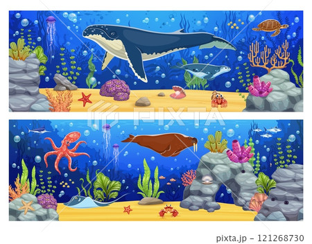Underwater landscape game background with sea animals characters on coral reef bottom, vector game UI. Cartoon whale, octopus, walrus, jellyfish and crab, fish shoals and starfish underwater landscape 121268730