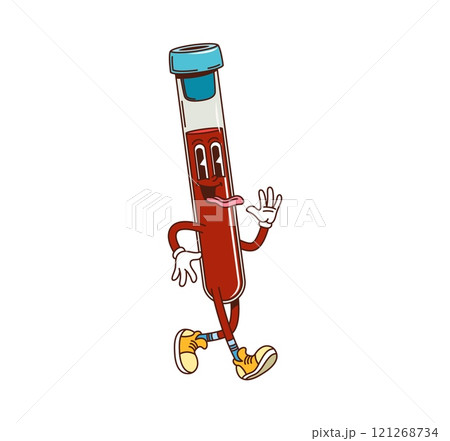 Cartoon test tube groovy medicine and health character with sticking tongue. Isolated vector quirky laboratory beaker filled with a blood Retro personage for science, healthcare and medical work 121268734