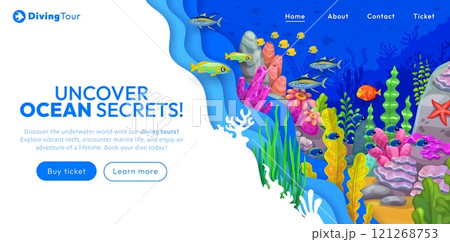 Landing page with paper cut underwater landscape, cartoon tropical sea life, seaweeds and fish shoal. 3d vector web banner invites to discover secrets of ocean and embark on an unforgettable adventure Landing page with paper cut underwater landscape, cartoon tropical sea life, seaweeds and fish shoal. 3d vector web banner invites to discover secrets of ocean and embark on an unforgettable adventure 121268753