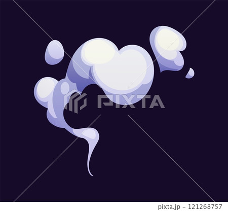 Cartoon curve fume, spray, perfume puff cloud or rising smoke. Vector pesticide fumigation steam, whimsical, swirling shape, rounded formation with mystical, magical vibe for fantasy Halloween theme 121268757
