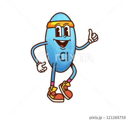 Cartoon groovy chlorine vitamin and micronutrient character. Isolated vector cl molecule exudes fun, sporty vibe. Blue, oval capsule in headband and sneakers giving thumbs up gesture with a big smile 121268758