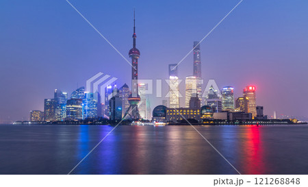 Night view of skyscraper and skyline in Lujiazui, Shanghai, Skyline and skyscraper buildings in Shanghai, Shanghai city skyline skyscraper architecture, China. 121268848