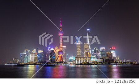 Night view of skyscraper and skyline in Lujiazui, Shanghai, Skyline and skyscraper buildings in Shanghai, Shanghai city skyline skyscraper architecture, China. 121268850