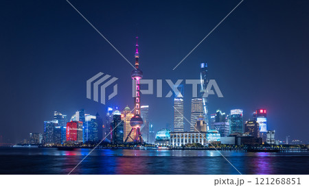Night view of skyscraper and skyline in Lujiazui, Shanghai, Skyline and skyscraper buildings in Shanghai, Shanghai city skyline skyscraper architecture, China. 121268851