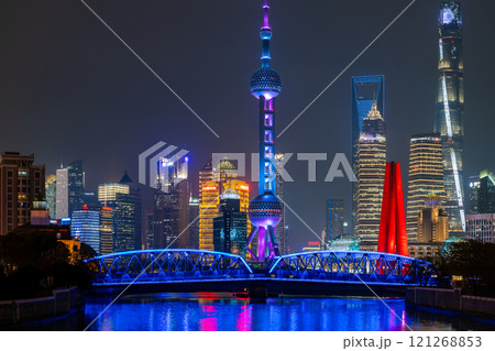 Night view of skyscraper and skyline in Lujiazui, Shanghai, Skyline and skyscraper buildings in Shanghai, Shanghai city skyline skyscraper architecture, China. 121268853