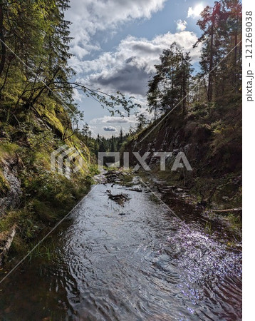 the forest road flooded by flood in Norway 121269038