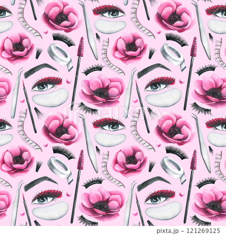 False eyelashes for extensions, tweezers, women's eyes, patches and flowers. Hand drawn watercolor illustration. Seamless pattern on a pink background 121269125