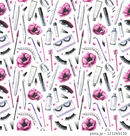 Cosmetics and brushes for eyes and eyebrows, tubes with pink anemone flowers. Watercolor illustration hand drawn. Seamless pattern on a white background. For eyelash extension and lamination 121269130