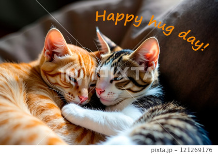 Charming kittens hugging each other. Postcard with inscription Happy Hug Day Charming kittens hugging each other. Postcard with inscription Happy Hug Day 121269176