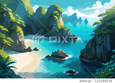 Tropical Beach with Rocky Arch and Clear Waters 121269238