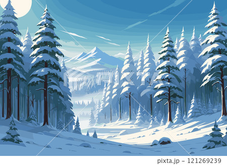 Snowy Forest with Mountain View and Clear Sky 121269239