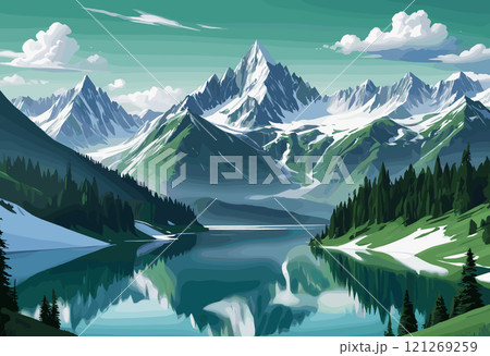 Majestic Mountain Landscape with Reflective Lake 121269259
