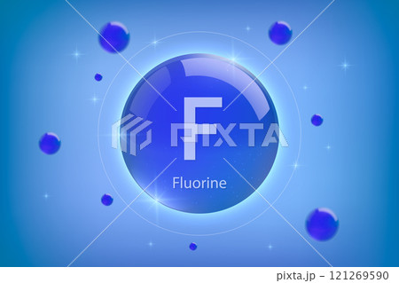 Fluorine blue icon. Essential mineral capsule with glowing effects for bone health and wellnes 121269590