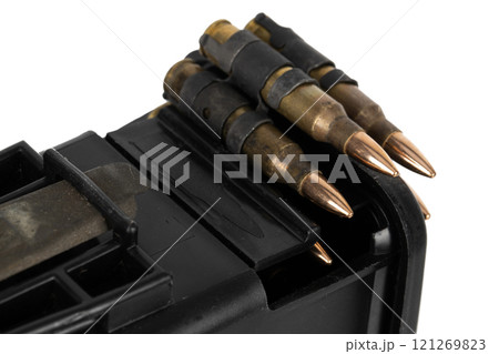 5.56 mm ammunition belt with cartridges in ammunition box 121269823