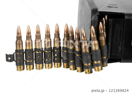 5.56 mm ammunition belt with cartridges in ammunition box 121269824