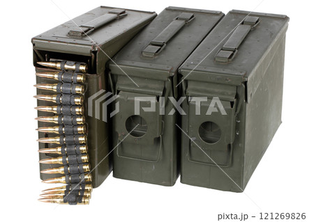 ammunition belts with cartridges in ammunition boxes ammunition belts with cartridges in ammunition boxes 121269826