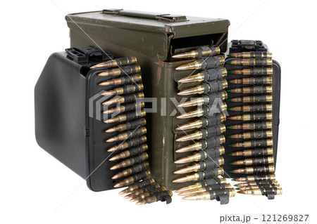 ammunition belts with cartridges in ammunition boxes 121269827