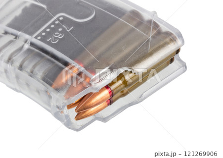 Gun magazine made of transparent plastic for Kalashnikov ak 47 assault rifle. Gun magazine made of transparent plastic for Kalashnikov ak 47 assault rifle. 121269906