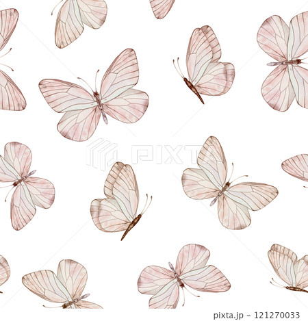 Seamless pattern with Pastel beige and coral butterflies in vintage style on a isolated background. Watercolor illustration for fabric,textiles, wallpaper, wrapping paper, covers, prints, clothing. Seamless pattern with Pastel beige and coral butterflies in vintage style on a isolated background. Watercolor illustration for fabric,textiles, wallpaper, wrapping paper, covers, prints, clothing. 121270033