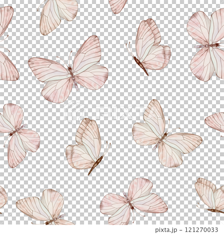 Seamless pattern with Pastel beige and coral butterflies in vintage style on a isolated background. Watercolor illustration for fabric,textiles, wallpaper, wrapping paper, covers, prints, clothing. Seamless pattern with Pastel beige and coral butterflies in vintage style on a isolated background. Watercolor illustration for fabric,textiles, wallpaper, wrapping paper, covers, prints, clothing. 121270033