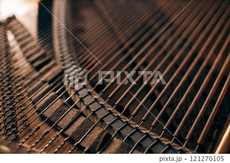 Top view detail shot of intricate piano strings inside classic grand piano in warm natural light, copy space 121270105
