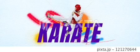 Dynamic image of young sportive woman, karateka in white kimono and red protective helmet in motion against white background with bold typography and colorful elements. Dynamic image of young sportive woman, karateka in white kimono and red protective helmet in motion against white background with bold typography and colorful elements. 121270644
